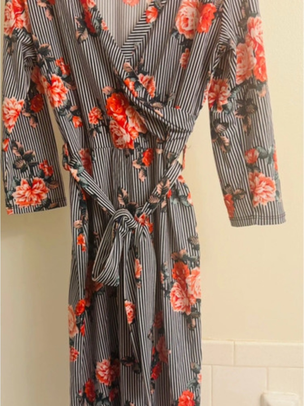 Striped Floral Wrap Dress Robe in Black with Coral Roses